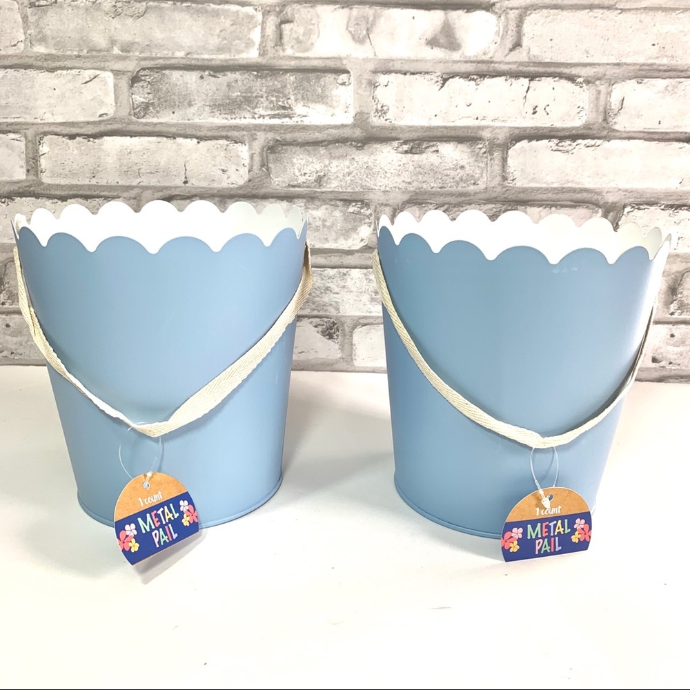 Set of 2 Blue Scalloped Edge Metal Pail Buckets